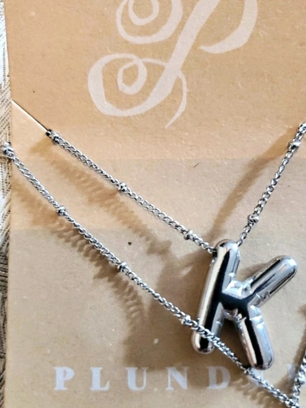 Necklace Plunder Silver Tone Heavy Large Initial K Lazy Pendant Beaded Chain New
